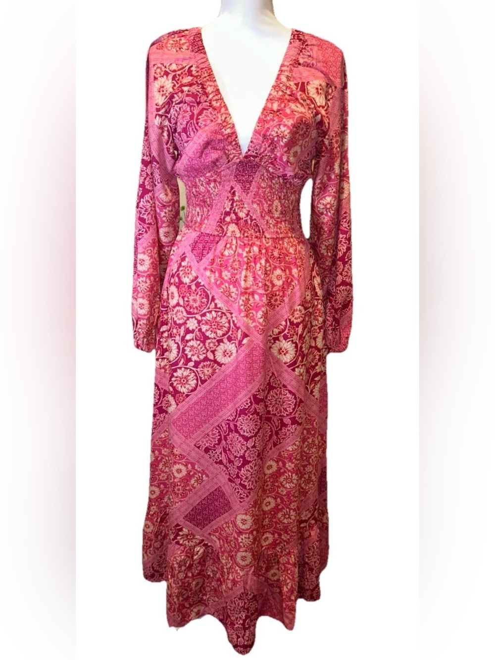 Japna Pink Floral Maxi Dress S Patchwork Boho Smocked Waist Long Sleeve Pockets